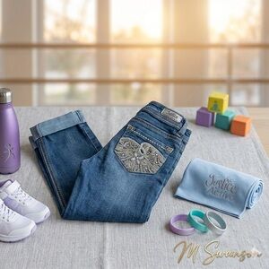 Justice Girls Cuffed Crop Blue Jeans Metallic Embroidered Pocket Accents Size 7S